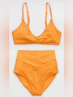 NWT Aerie FULL SET  Beach Babe Shine Rib Voop + High Waisted Crossover Orange XL